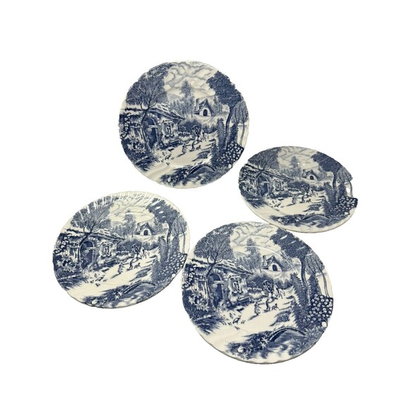 Rossini Country French Dinner Plates Lot Of 4 Blue & White Japan Toile - Picture 1 of 7